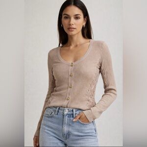 Emilio Pucci Taupe Lace-Trim Ribbed Cardigan Top